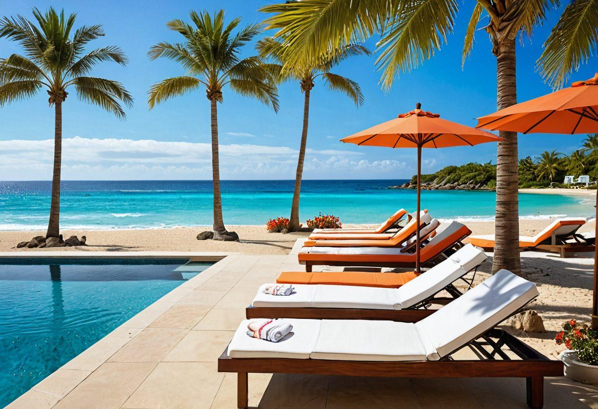 A luxurious poolside scene transitioning into a breathtaking beachfront view. A stylish person wearing vibrant seaside attire is lounging beside a sparkling pool with palm trees swaying gently in the background, while the sandy beach and ocean waves are visible on the horizon. The scene captures the essence of summer relaxation and fashion, with colorful beach umbrellas and towels scattered around. super-realistic. vibrant colors. sunny day.